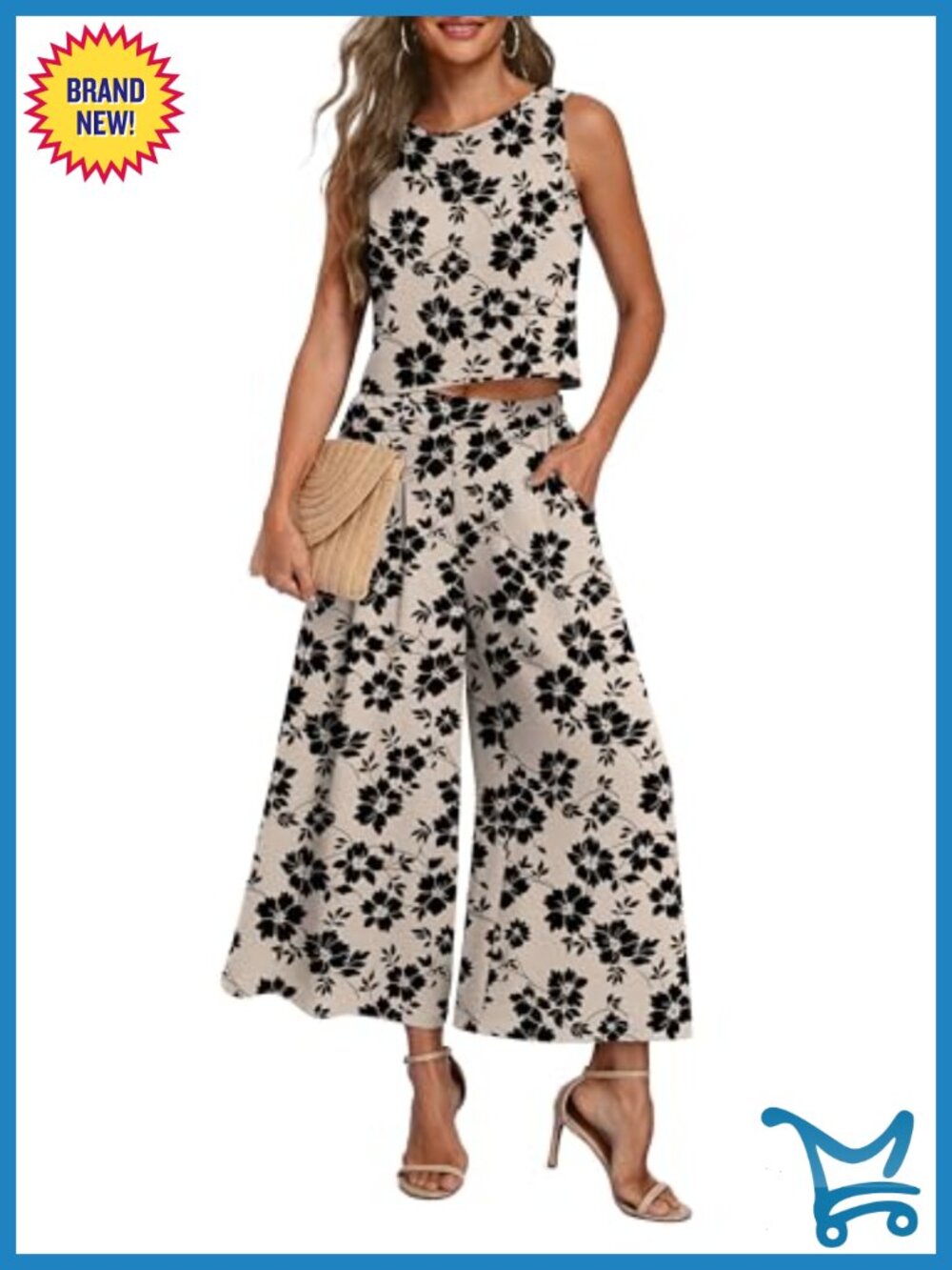 Womens 2 Piece Wide Leg Pants Crop Top Travel Set with Pockets